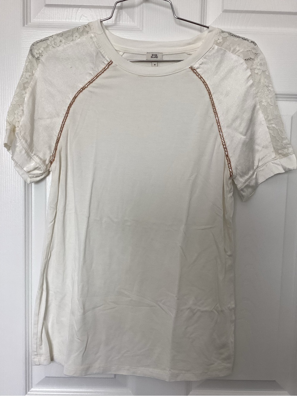 River Island Cream Short Sleeve Tee with Lace Shoulders and Rose Gold Trim